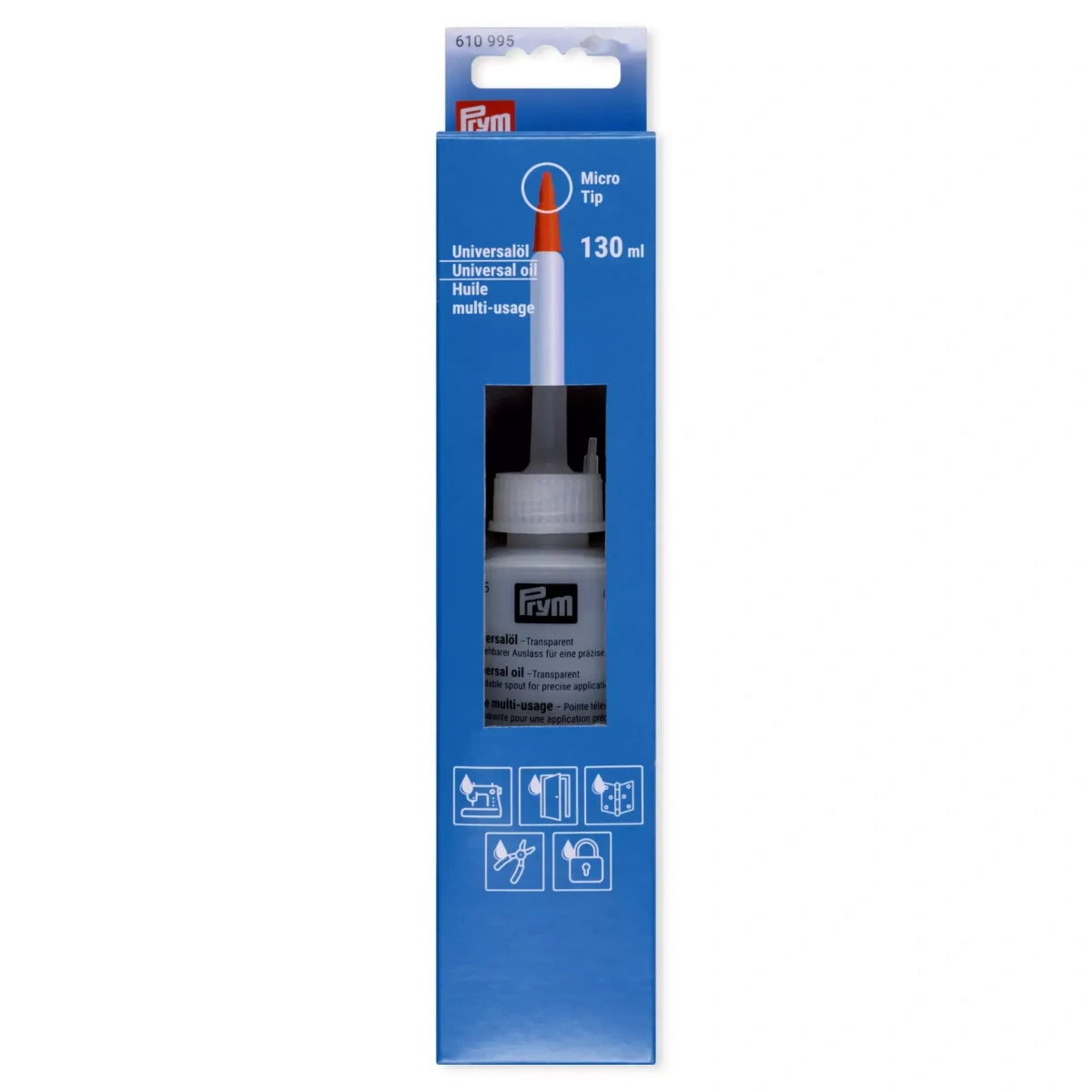 Prym Universele Olie 130 ml in blauwe retailverpakking met rode micro-tip detail en toepassing iconen | PRYM-610995