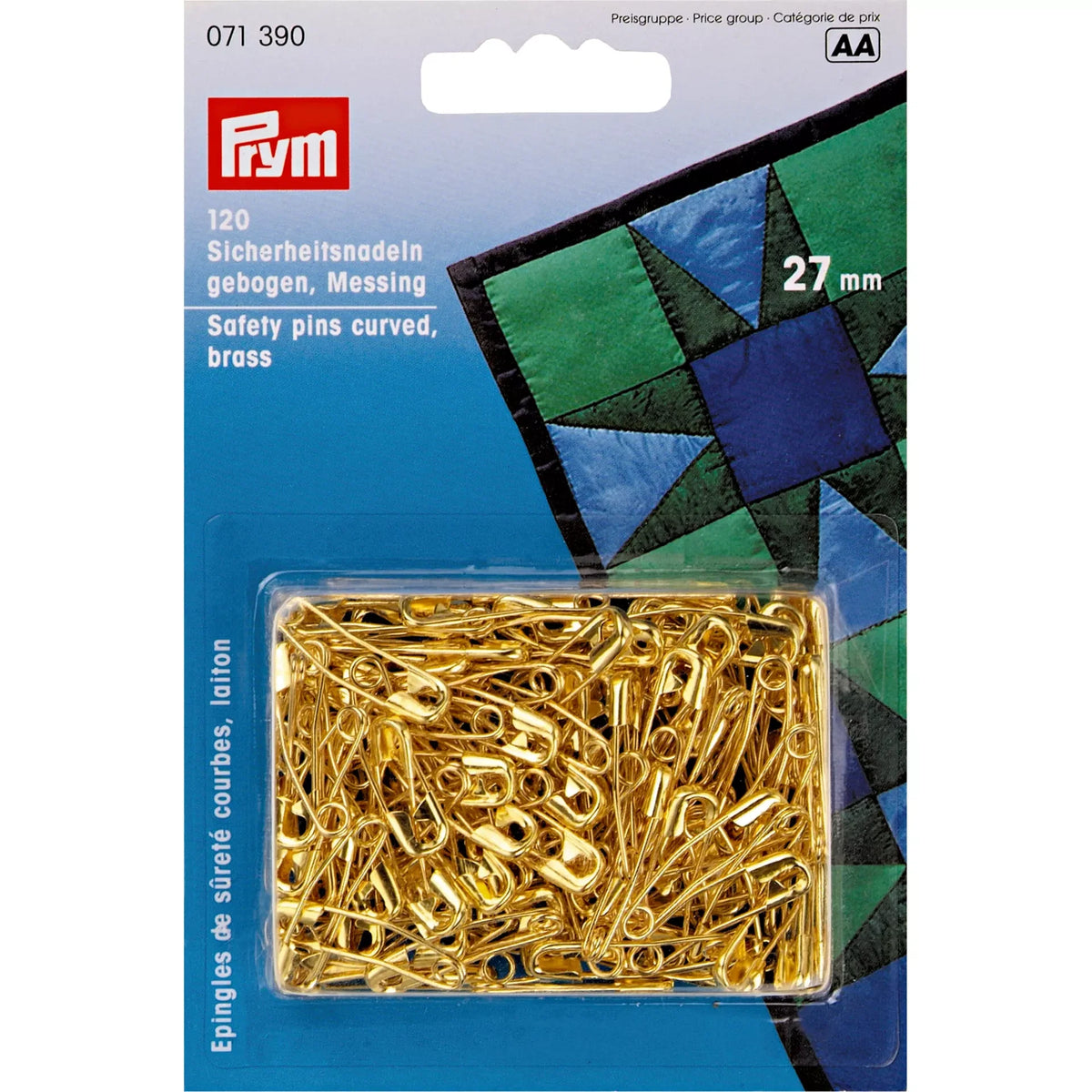 Verpakking met 120 gebogen, goudkleurige veiligheidsspelden van 27mm, merk Prym, met een afbeelding van een quilt. | PRYM-071390 | 4002270713907