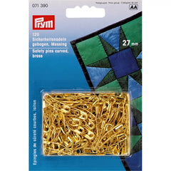 Verpakking met 120 gebogen, goudkleurige veiligheidsspelden van 27mm, merk Prym, met een afbeelding van een quilt. | PRYM-071390 | 4002270713907