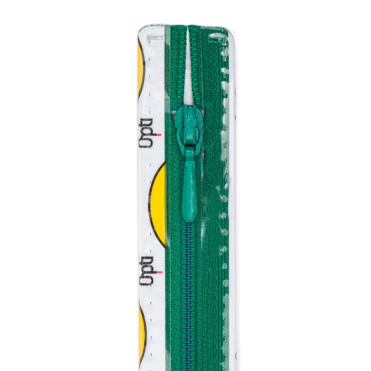 Close-up van een groene Opti rits met geel cirkelpatroon op doorzichtige verpakking. Opti logo zichtbaar. 4040404040404