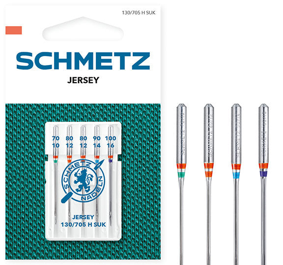 Verpakking met Schmetz Jersey naaimachine naalden in maten 70, 80, 90, 100 en losse naalden met kleurcodering SCHMETZ 718927 | SCHMETZ-718927