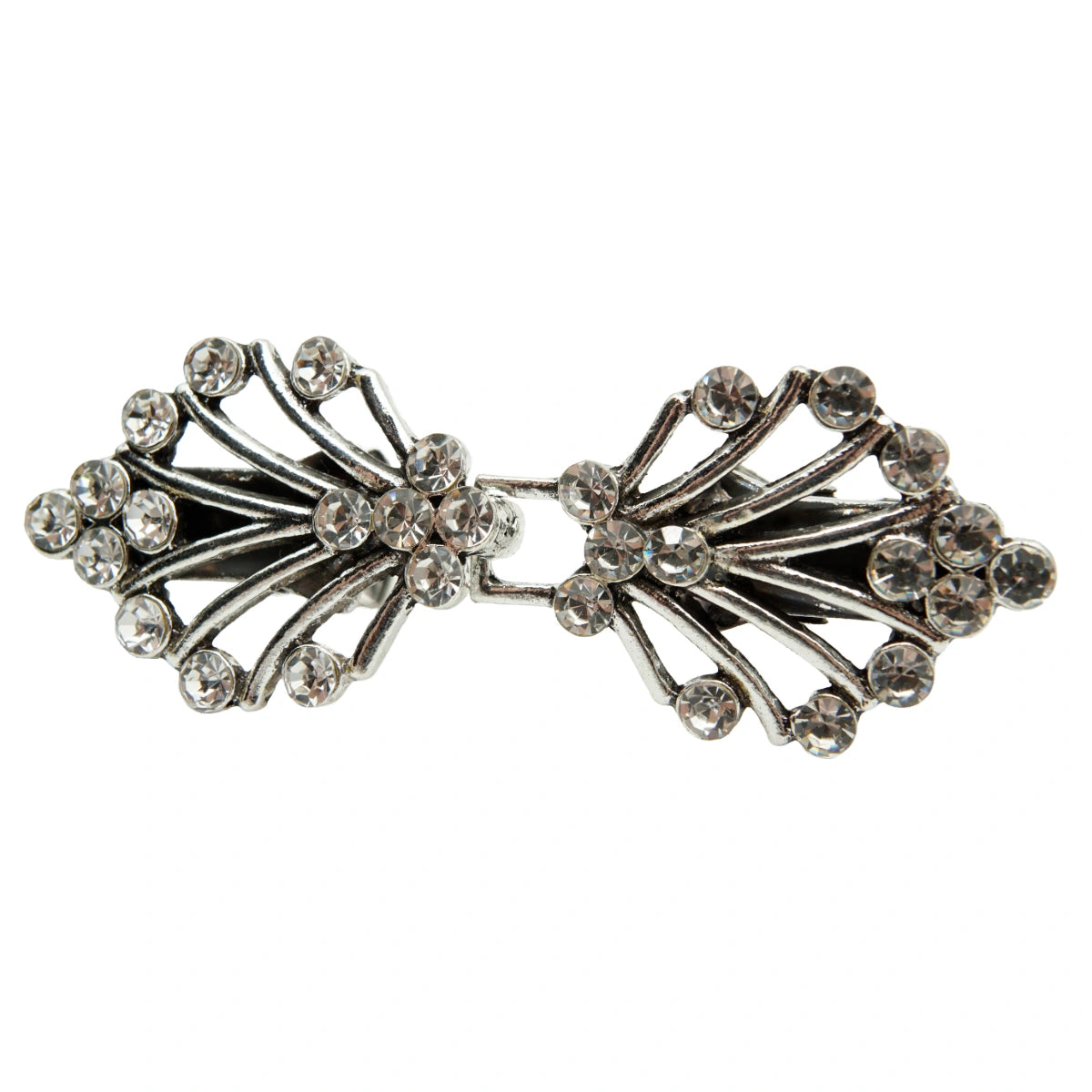 Zilverkleurige vestsluiting met strass steentjes, haak en oog gesloten, bovenaanzicht, VESTCLIP-HAAK-OOG-STRASS-4 | VESTCLIP-HAAK-OOG-STRASS-4