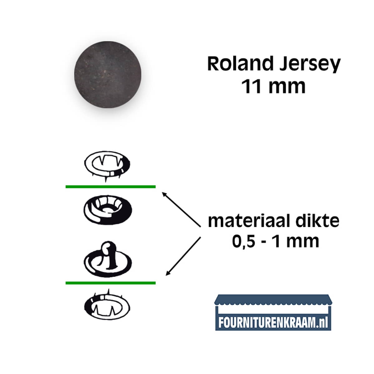 Drukknopen set | 11 mm | Roland Jersey | zwart metaal | 15 stuks KIN-11-ROLAND-BLACK-NICKEL 8590265007064