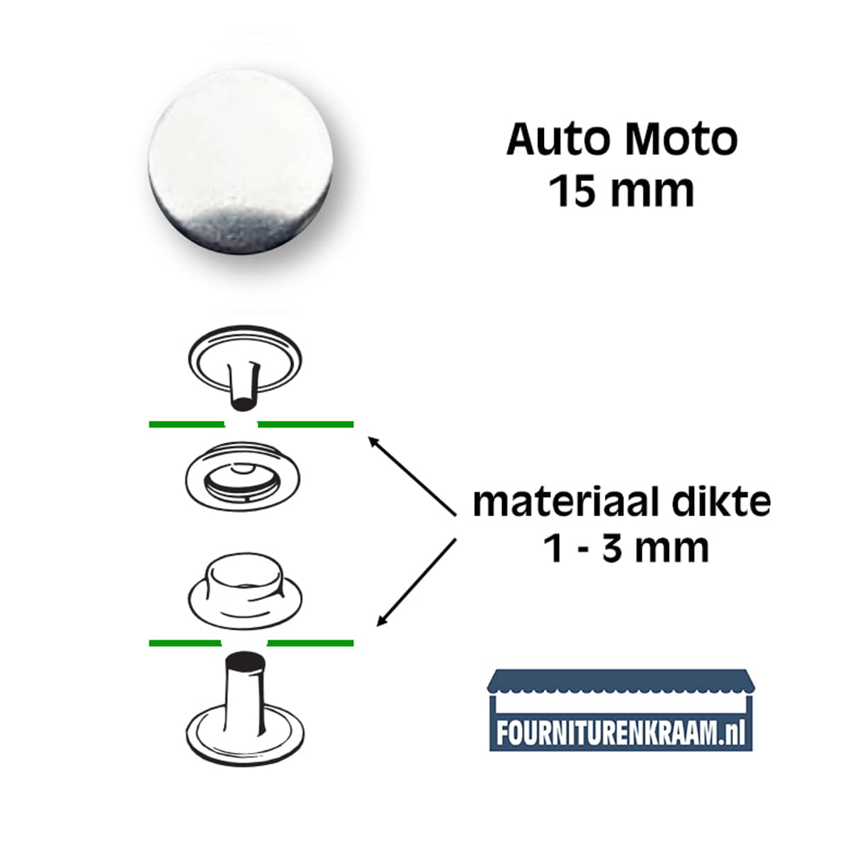 Drukknopen set | 15 mm | Auto Moto | zilver | 10 stuks KIN-15-AUTO-MOTO-ZILVER 8590265102134