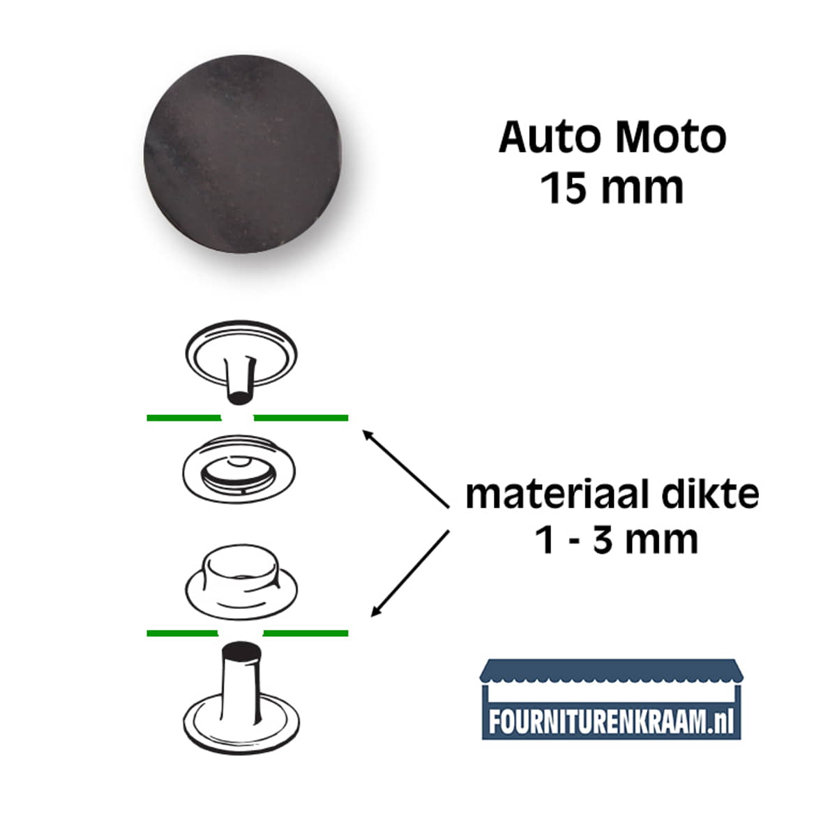 Drukknopen set voor dik materiaal | zwart | 15mm | 10 stuks Drukknopen KIN-DRUK-15MM-ZWART 8590265102134