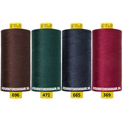 Vier spoelen Gütermann Mara 100% polyester naaigaren in donkerbruin, donkergroen, marineblauw en bordeauxrood. MARA-SET-696-472-665-369