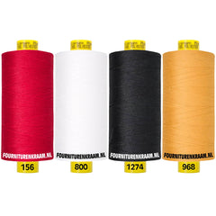 Quatre bobines de fil à coudre Gütermann Mara 100% polyester rouge, blanc, noir et or. MARA-SET-156-800-1274-968