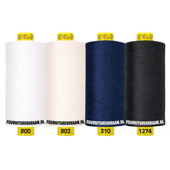 Cuatro carretes de hilo de coser Gütermann Mara 100% poliéster en blanco, crudo, azul oscuro y negro. MARA-SET-800-802-310-1274