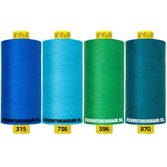 Vier Gütermann Mara 100% Polyester Nähgarnspulen in Blau, Türkis, Grün und Petrol. MARA-SET-315.736.396.870