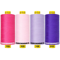 Vier Gütermann Mara polyester garenklossen in roze, lichtroze, lila en paars. MARA-SET-733-320-158-810