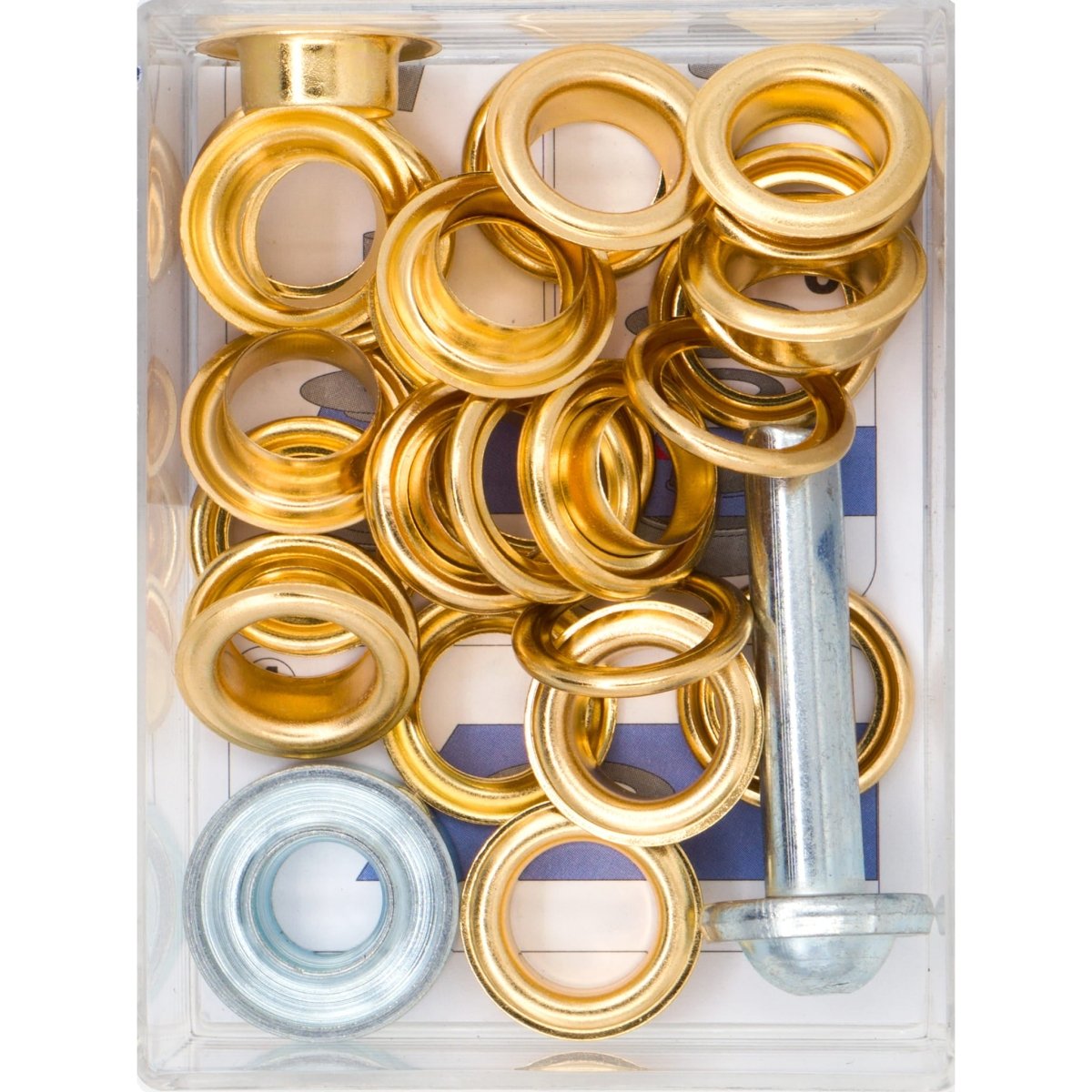 Zeilringen goud 11mm 15 stuks met stempel gereedschap Zeilringen - Nestelringen NSL00005 - Fourniturenkraam.nl
