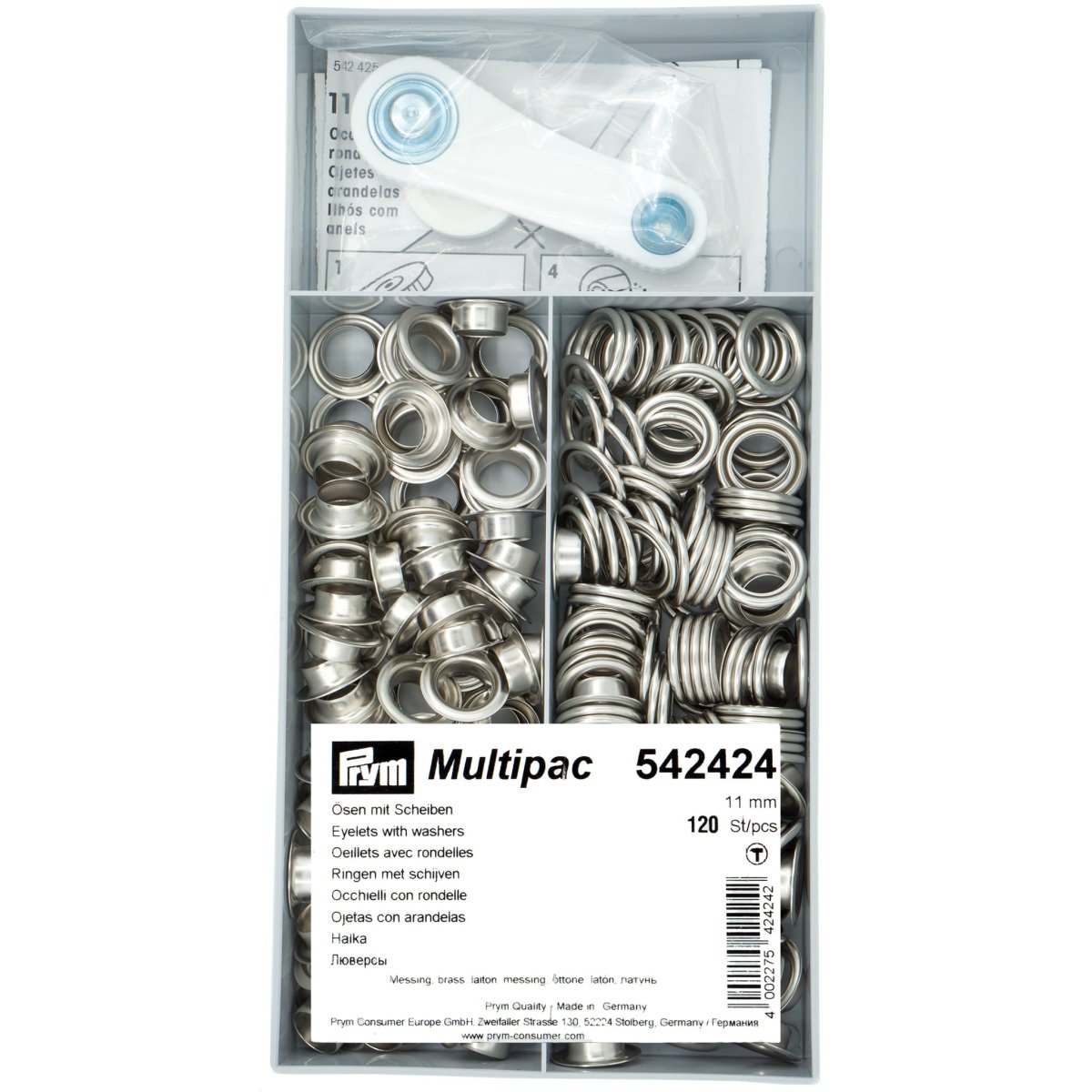 Zeilringen Prym Multipac zilver 11mm 120 stuks met stempel gereedschap Zeilringen - Nestelringen PRM542424 4002275424242 - Fourniturenkraam.nl