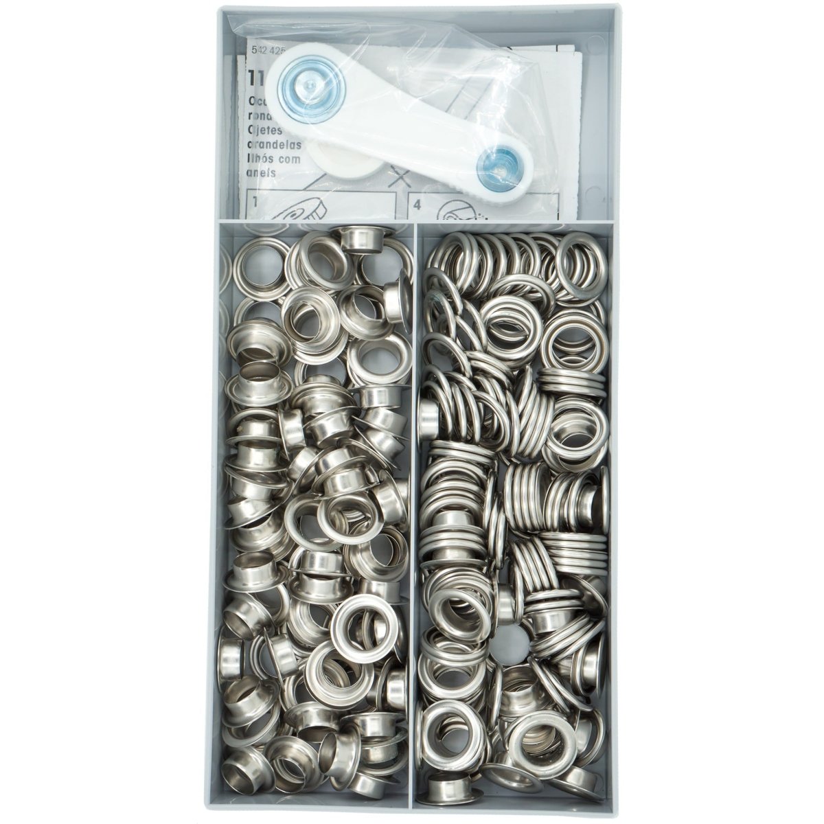 Zeilringen Prym Multipac zilver 11mm 120 stuks met stempel gereedschap Zeilringen - Nestelringen PRM542424 4002275424242 - Fourniturenkraam.nl